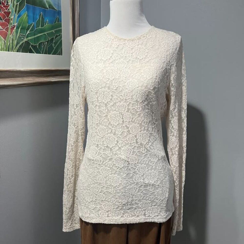 Lauren Ralph Lauren Cream Lined Long Sleeve Lace Blouse Top Size Small